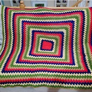 New Vintage Granny Geometric Square Afghan Crochet Multi-Color Throw Blanket Han